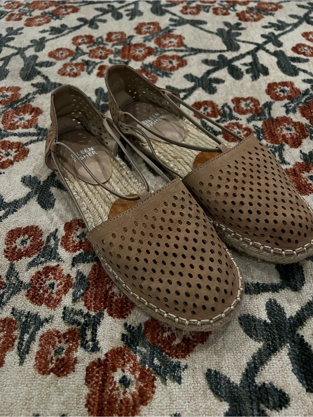 Eileen Fisher Tan Perforated Leather Espadrille Slingback Flats